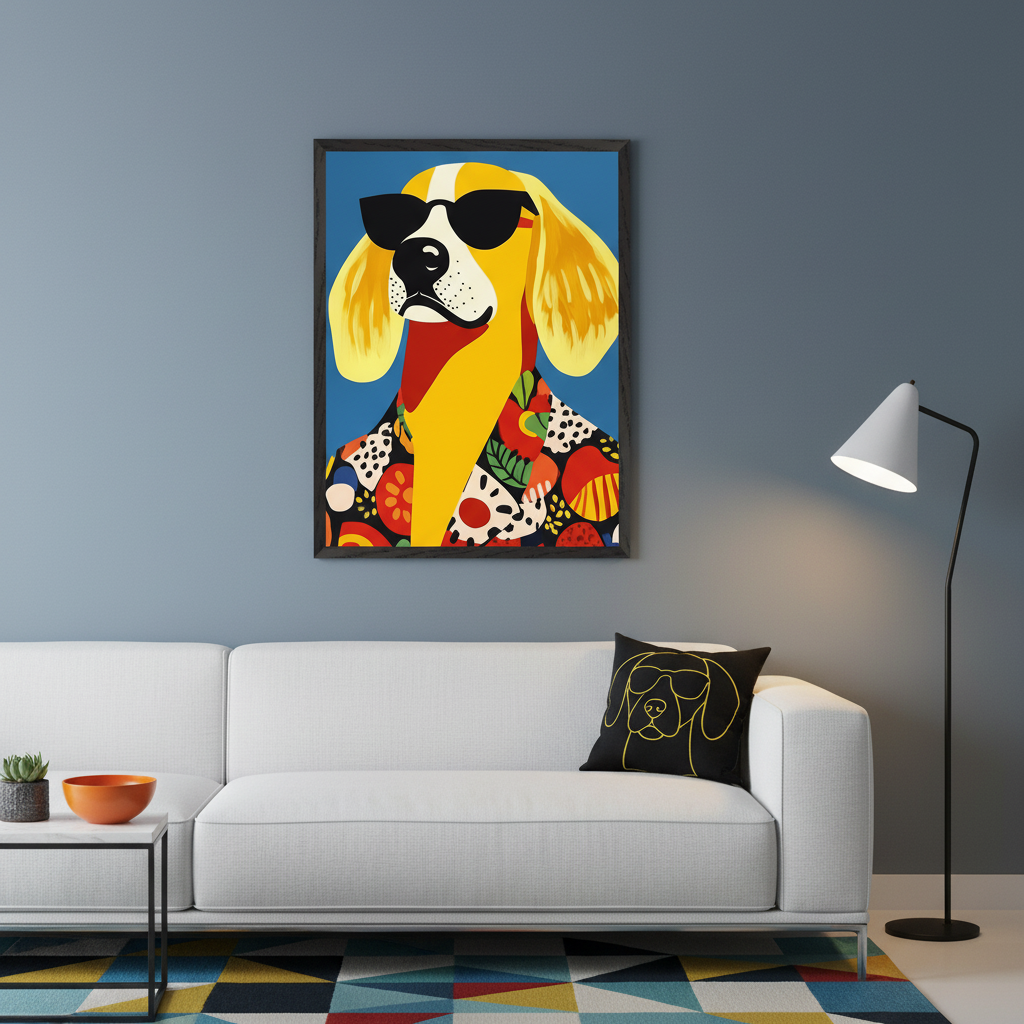 Modern living room with a white sofa. A large framed pop art painting of a golden retriever in sunglasses and a colorful shirt against a blue background hangs centered above the sofa. A black throw pillow with a similar dog outline is on the sofa, with a black floor lamp beside it.