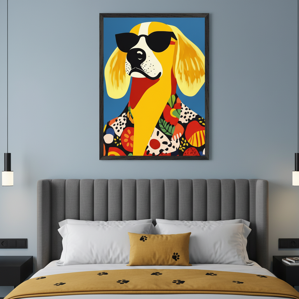 Modern bedroom with a gray upholstered bed. A large framed pop art print of a yellow dog in sunglasses and a colorful patterned shirt hangs centered above the bed. Bedding includes white pillows and a mustard yellow runner with paw prints.