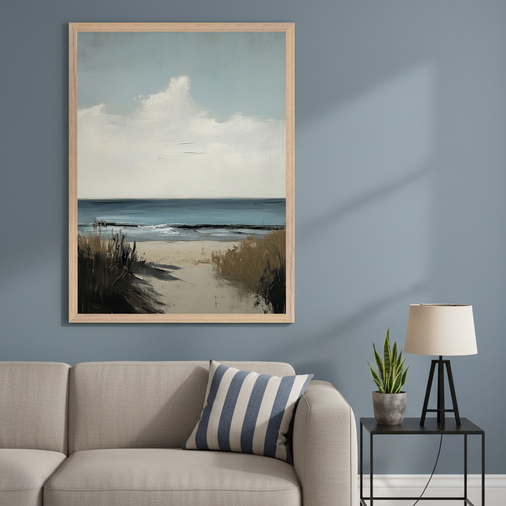 Living room with a light beige sofa on the left. A large vertical framed painting of a textured beach landscape with a sandy path, dune grass, blue ocean, and cloudy sky hangs above the sofa. A side table with a lamp and plant is to the right.