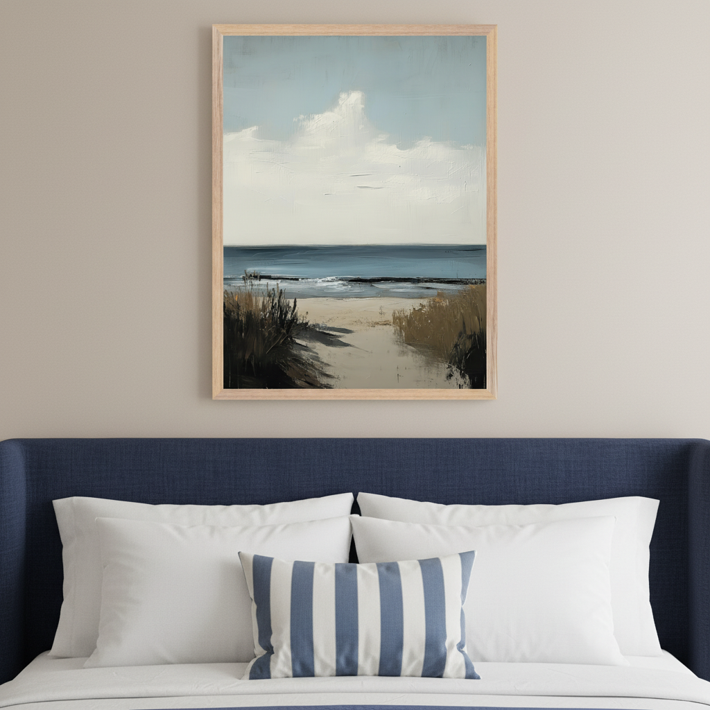 Modern bedroom with a blue upholstered bed. A light wood-framed, painterly beach scene with a path through dune grass, blue water, and a cloudy sky hangs centered above the bed. White and striped pillows are on the bed.