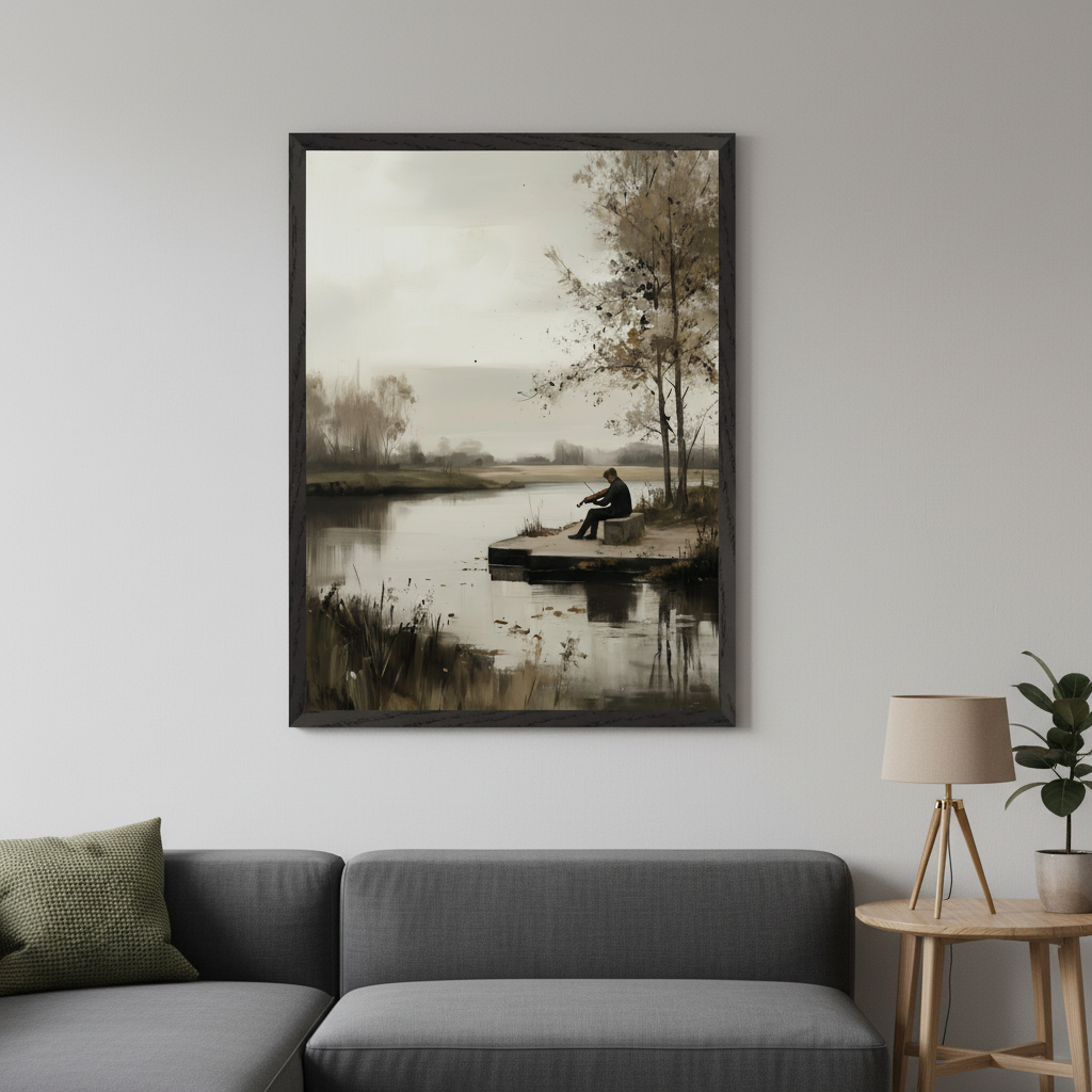 Modern living room with a grey sectional sofa. A large framed, sepia-toned landscape painting hangs above the sofa, depicting a person sitting by a river playing a violin amidst trees.