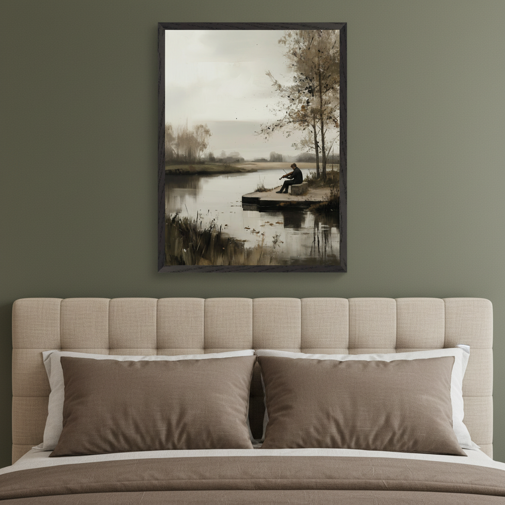 Modern bedroom with a beige tufted bed. A large framed painting of a person playing a violin on a dock by a river, with trees under a muted sky, hangs centered above the bed. The artwork is in shades of brown and beige.