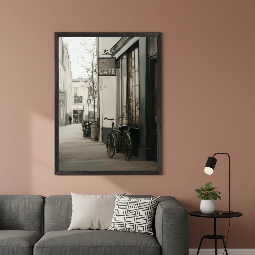 Living room with a gray sofa against a terracotta wall. A large framed print of a muted European street scene with a bicycle and a "CAFE" sign hangs above the sofa. A black lamp and potted plant are on a side table.