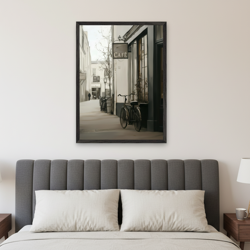 Modern bedroom with a grey upholstered bed. A framed painting of a narrow European street scene with a café, a bicycle, and a distant person hangs centered above the bed. The artwork has a muted, painterly style.