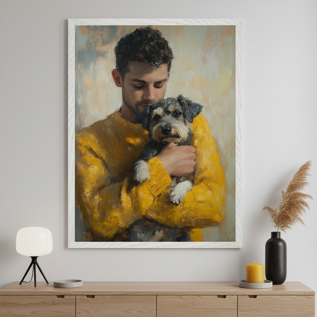 Modern room with a light wood dresser. A large framed painting of a man in a yellow sweater holding a dog, in an impressionistic style, hangs centered above the dresser. A white lamp, a black vase with dried pampas grass, and a yellow candle are on the dresser.