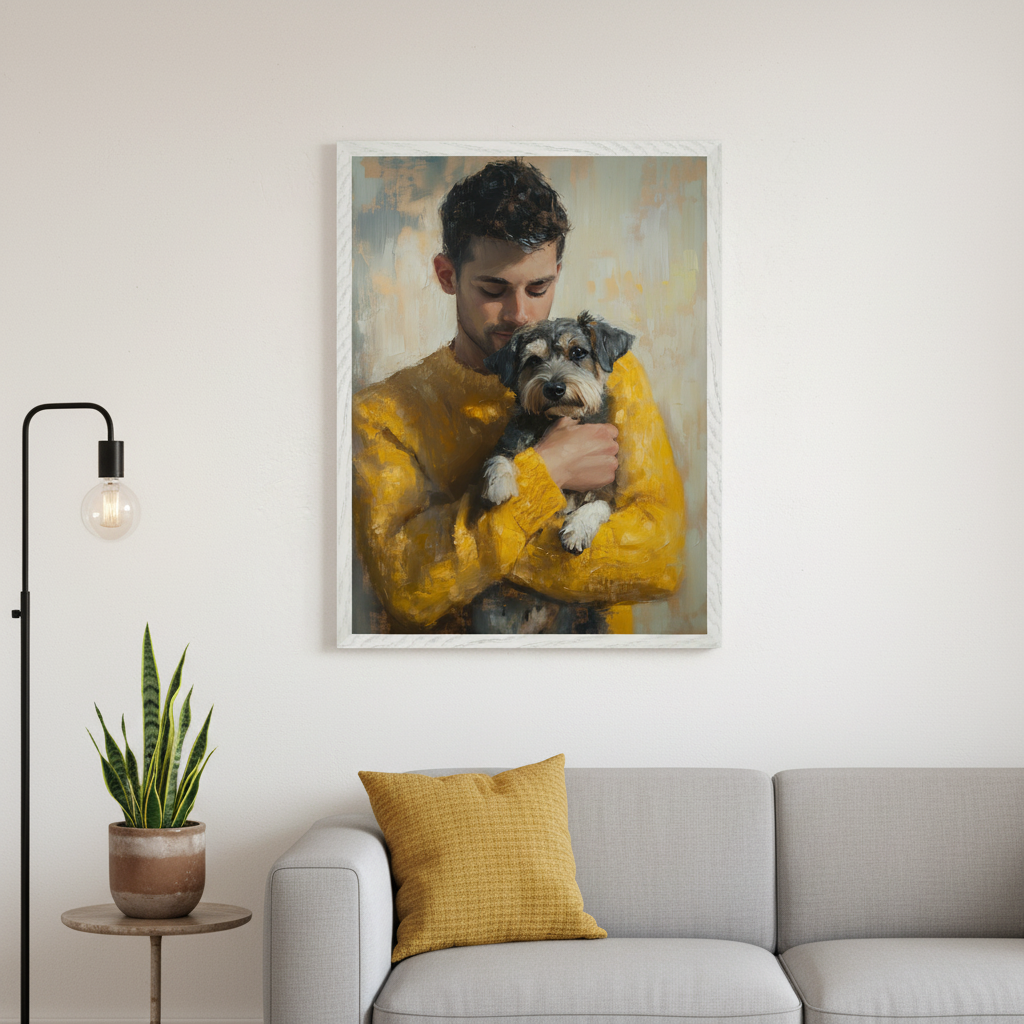Modern living room with a light gray sofa, a side table with a plant, and a black floor lamp. A framed oil painting of a man in a yellow sweater holding a small dog hangs above the sofa.