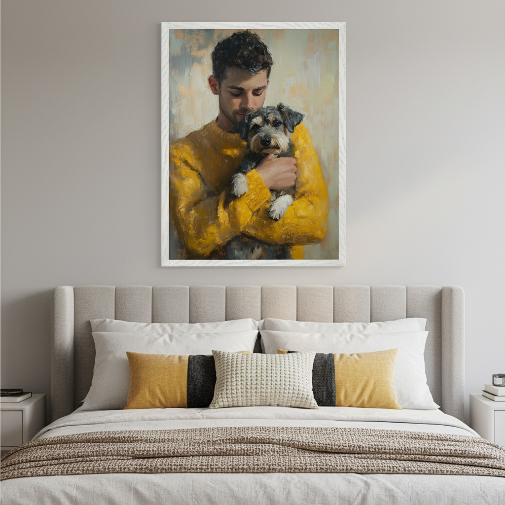 Modern bedroom with an upholstered headboard and bed. A large framed painterly portrait of a man in a yellow sweater holding a dog hangs centered above the bed.