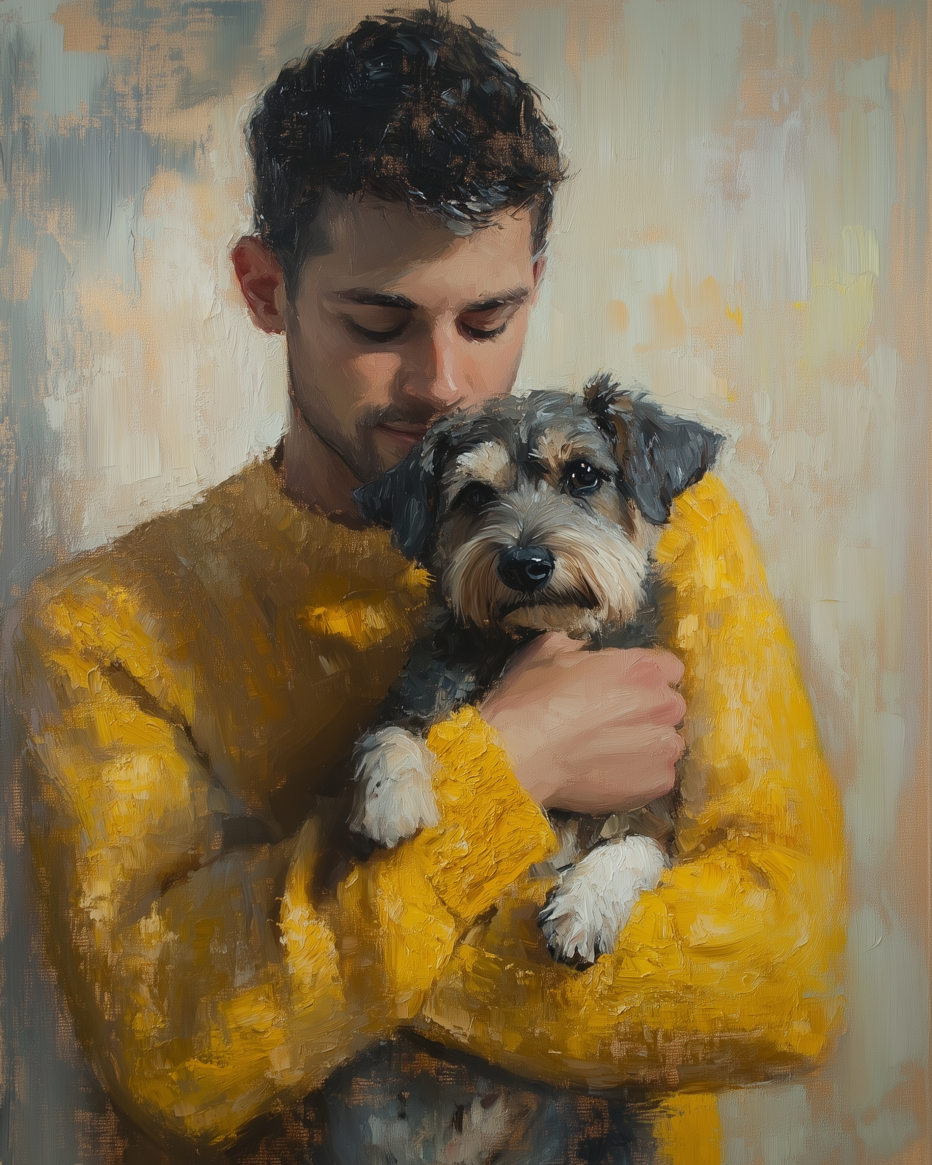 A man in a textured yellow sweater gently cradles a small gray and white dog in his arms. The close, warm portrait highlights the bond between pet and owner in soft, painterly detail.
