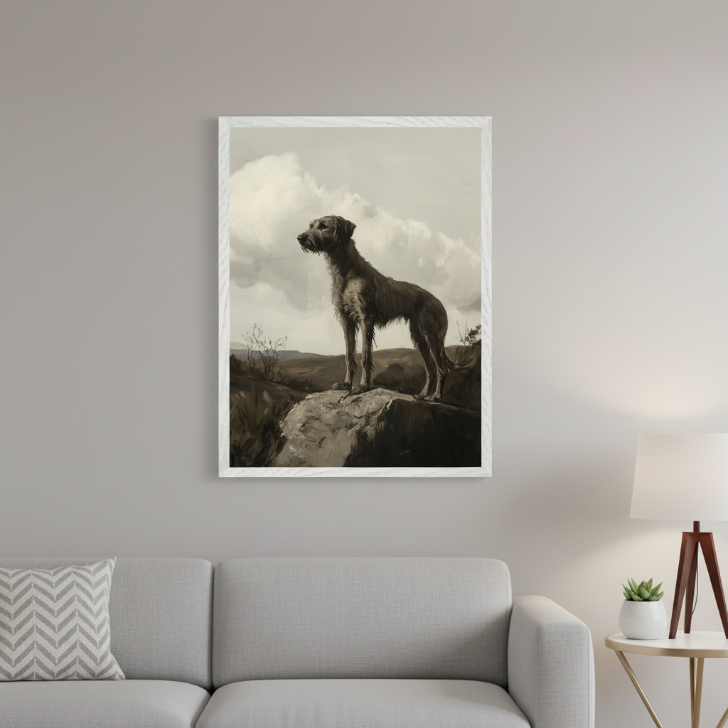 Living room with a grey sofa and a side table. A framed painting of a large, shaggy dog standing on rocks, looking left, under a cloudy sky, hangs above the sofa. The artwork features a dark-coated dog in a realistic, muted style.