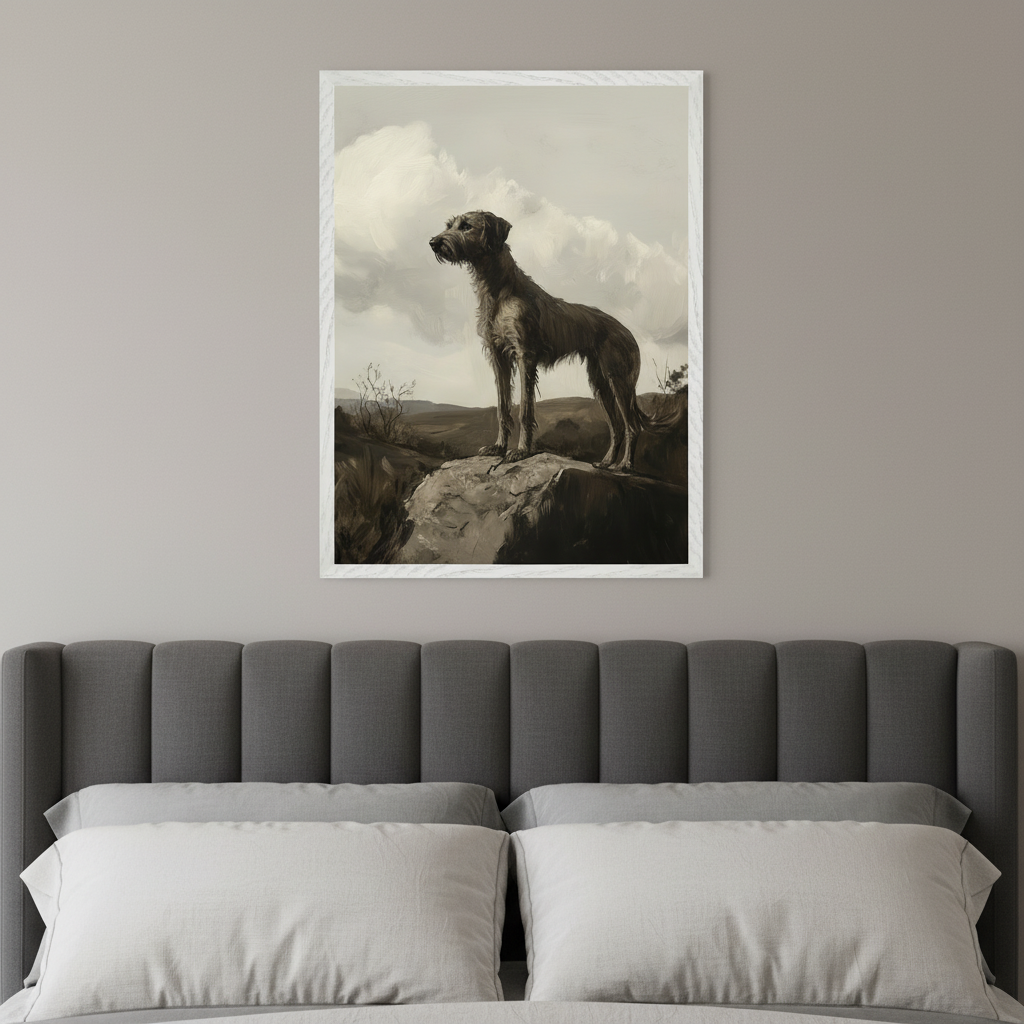 Bedroom with a grey upholstered headboard. A framed painting of a large, shaggy grey dog standing on a rock under a cloudy sky hangs centered above the bed.