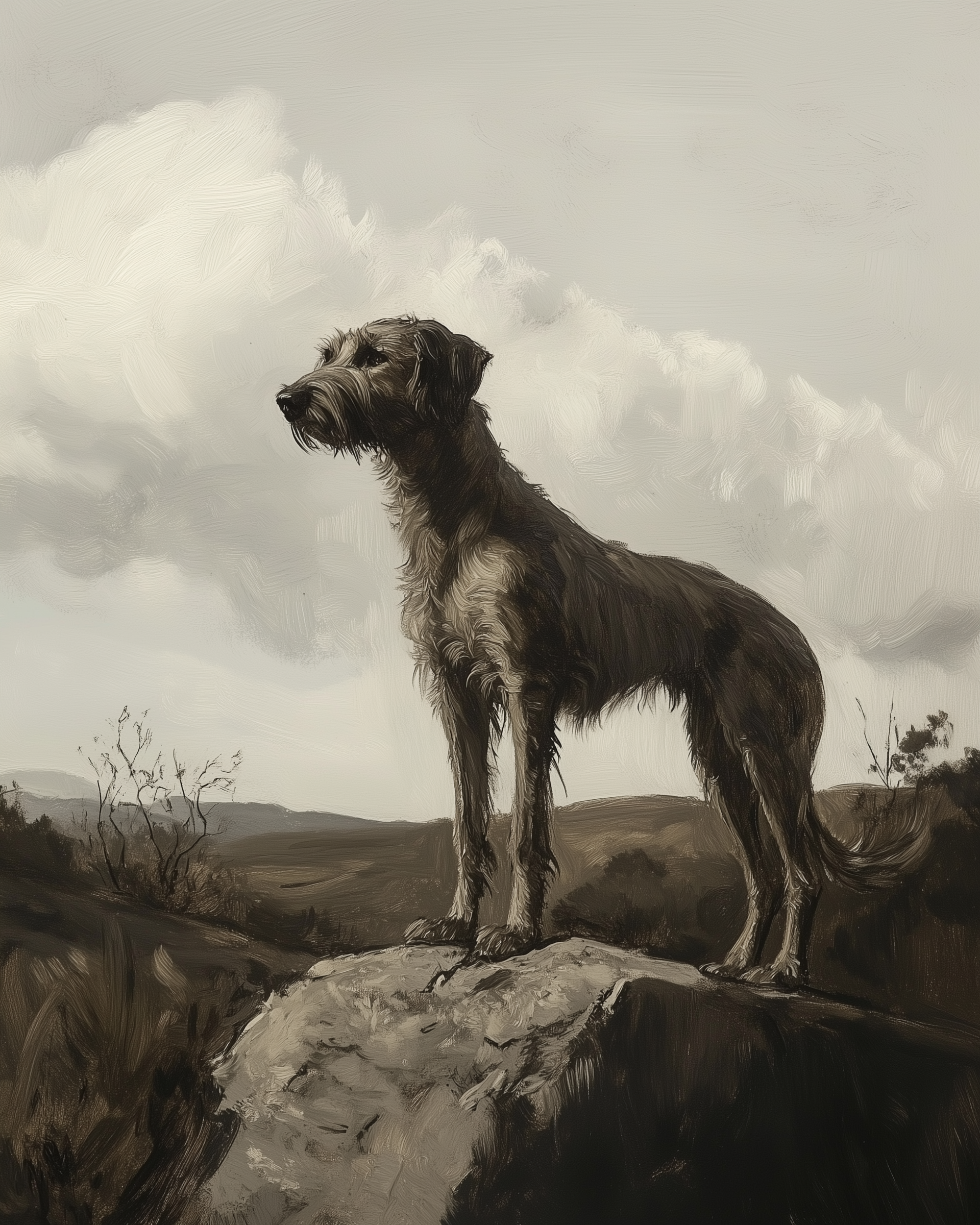 A wiry-haired dog stands tall and alert on a large rock overlooking a valley. The overcast sky and dramatic pose create a bold, adventurous atmosphere perfect for animal lovers.
