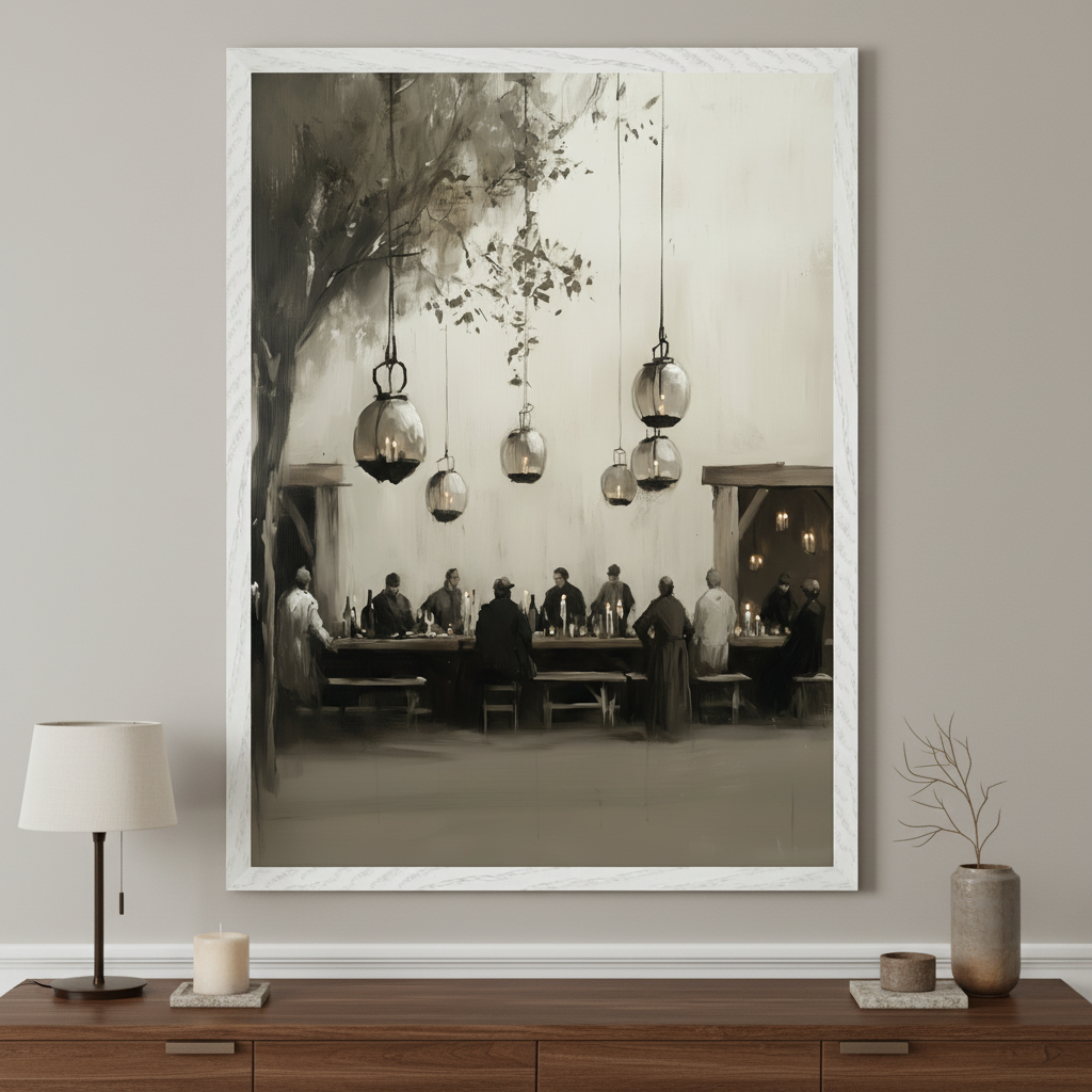 Modern living room with a dark wood credenza. A large, framed sepia-toned painting hangs above, showing men dining under a tree, lit by hanging lanterns. A table lamp, candle, and vase sit on the credenza.