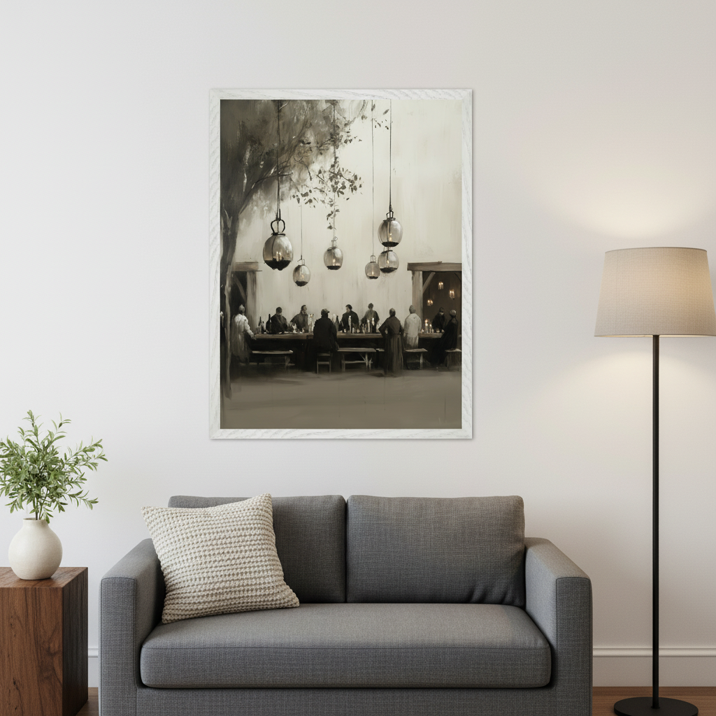 Modern living room with a gray sofa and a wooden side table. A large framed monochromatic painting depicting people dining under hanging lanterns and a tree is centered above the sofa. A floor lamp is on the right.