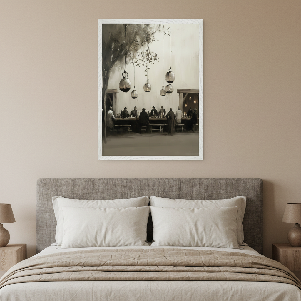Modern bedroom with a gray upholstered bed. A large framed monochromatic painting hangs centered above the bed, depicting people gathered at a long table under a tree with hanging lanterns, in a painterly style.
