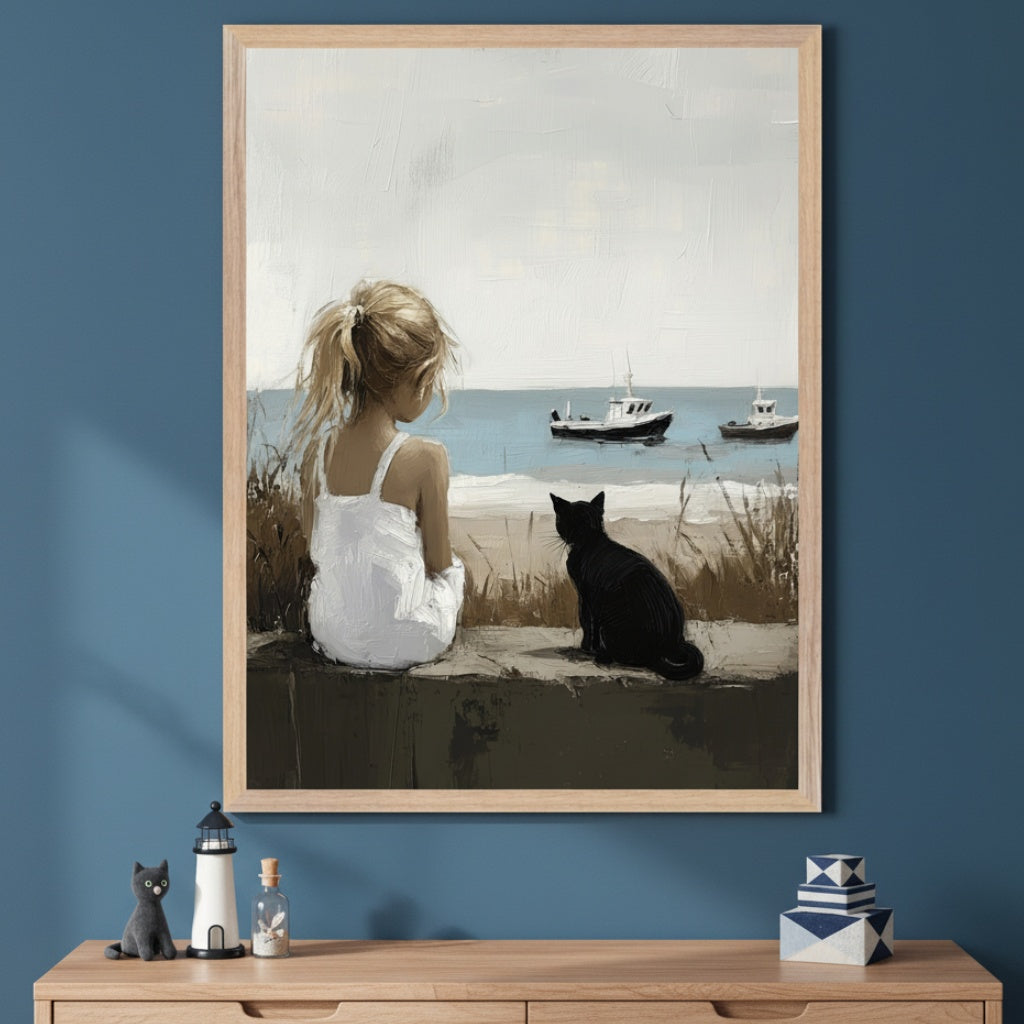 Modern room with a blue wall and a light wood dresser. A large framed painting of a blonde girl and a black cat sitting by the ocean, watching two boats, hangs centered above the dresser. The artwork has a textured, painterly style.