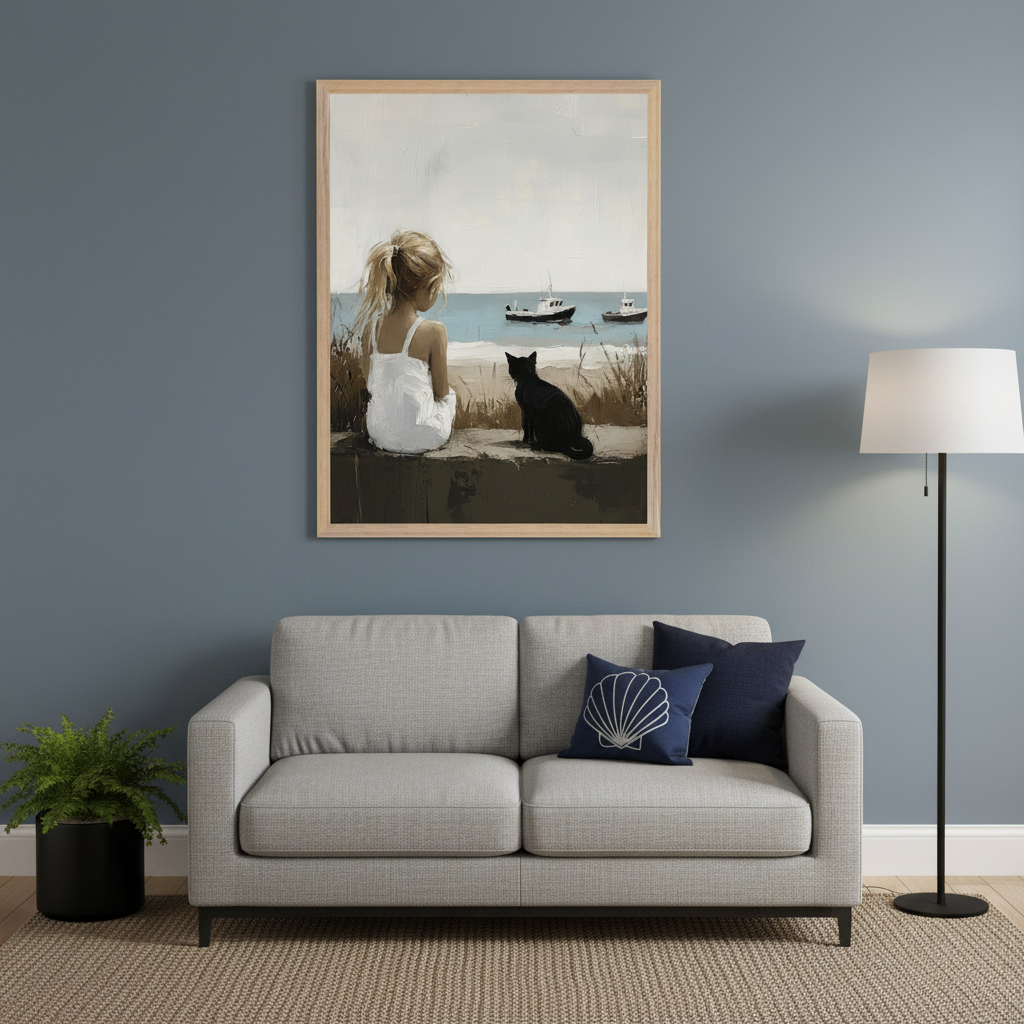 Modern living room with a light gray two-seater sofa. A large, light wood framed painting hangs centered above the sofa, depicting a blonde girl and a black cat from behind, sitting on a wall looking at boats in the sea, rendered in a painterly style.