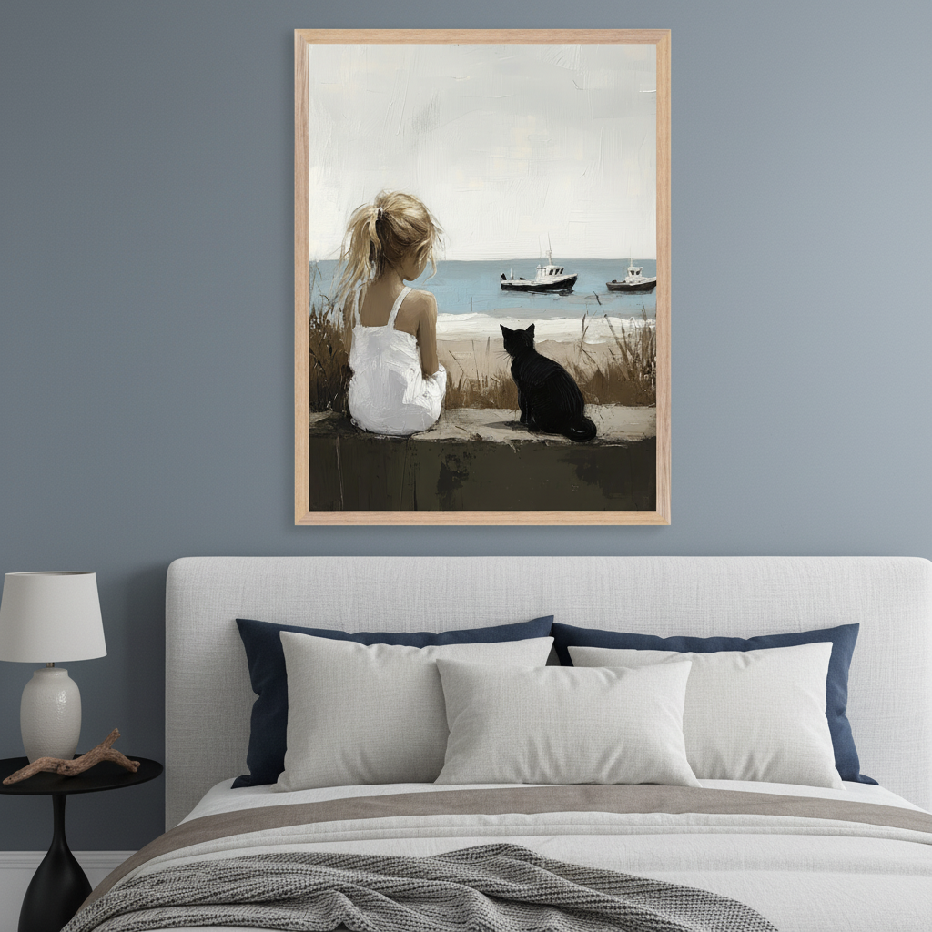 Modern bedroom with a white upholstered bed and a side table with a lamp. A large framed oil painting hangs centered above the bed on a blue-gray wall. The painting depicts a blonde girl in a white dress and a black cat sitting, looking out at the ocean with two boats.