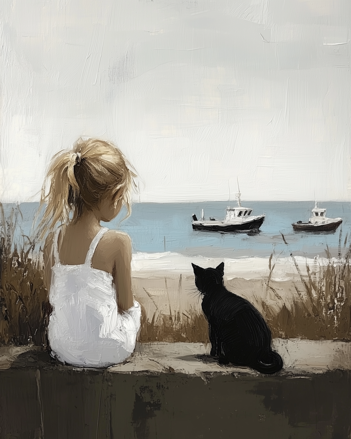 A little girl in a white dress sits beside a black cat, both gazing at fishing boats drifting on the ocean. The peaceful coastal moment is tender and timeless, perfect for nautical or childhood-themed stories.
