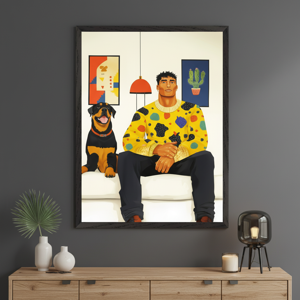 Modern living room with a large framed graphic art print showing a man in a yellow patterned sweater and a Rottweiler dog on a white sofa, centered above a wooden dresser.