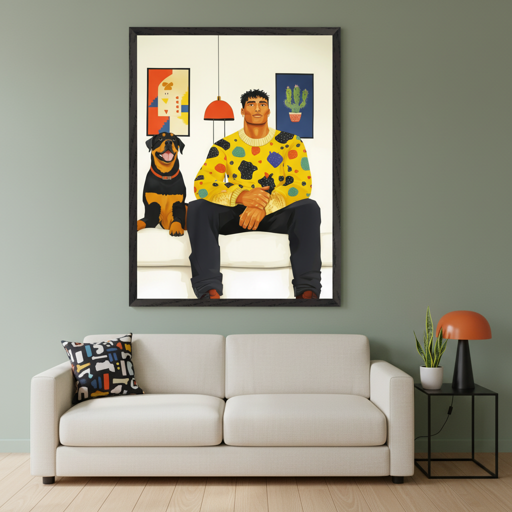 Modern living room with a white sofa centered below a large framed graphic illustration. The artwork shows a man in a yellow sweater and a Rottweiler on a white couch, flanked by abstract art and a cactus painting. A patterned pillow is on the sofa, and a black side table with an orange lamp is to the right.