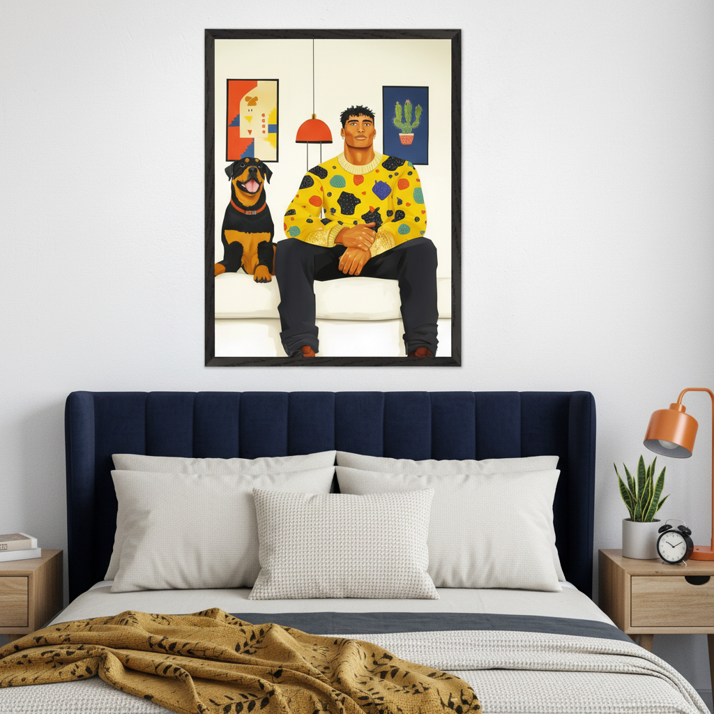 Modern bedroom with a dark blue upholstered bed and wooden nightstands. A large framed illustration of a man in a yellow patterned sweater and a Rottweiler dog sitting on a white sofa hangs centered above the bed.