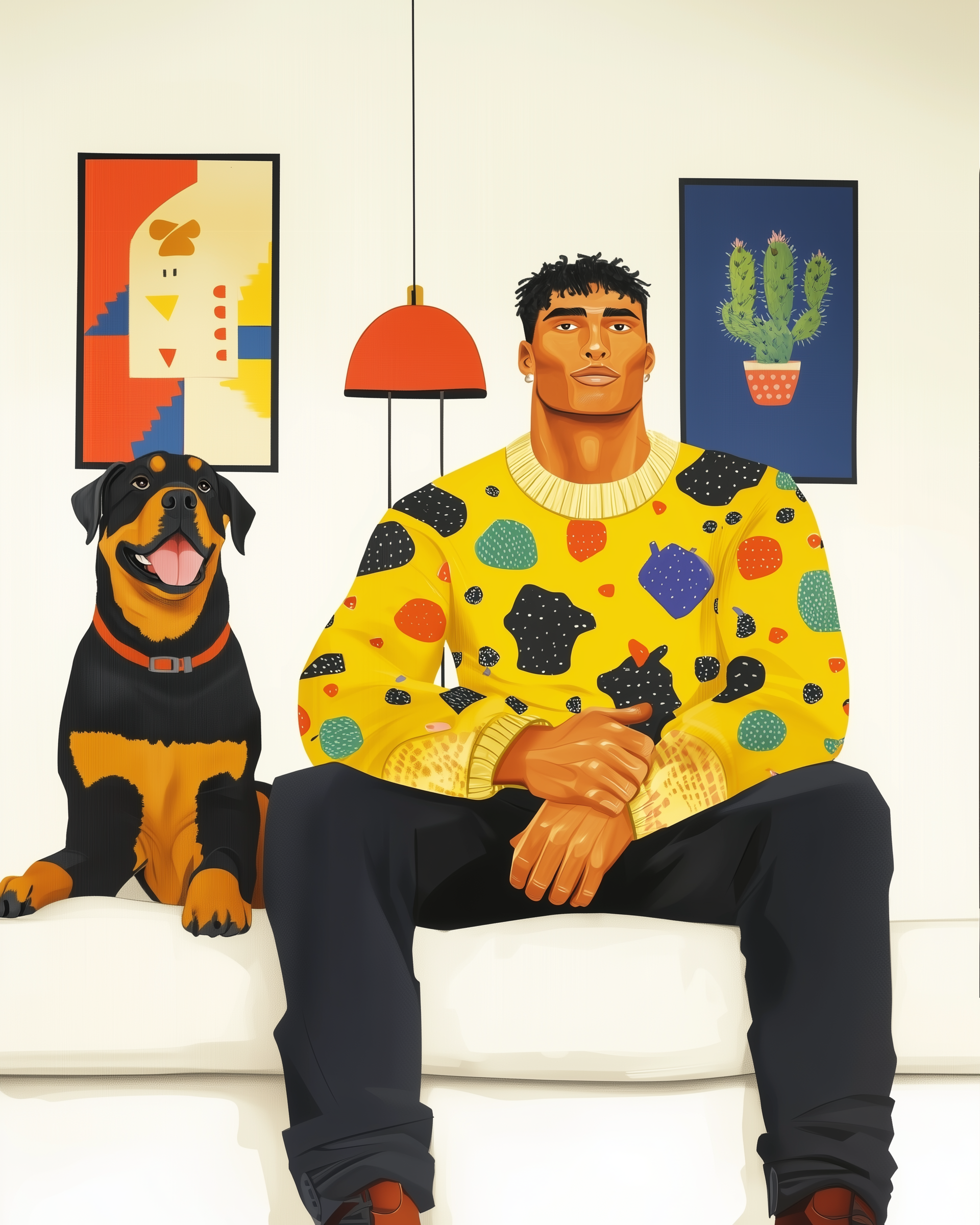 A modern illustration of a man in a bold yellow sweater sitting beside a happy Rottweiler on a white couch. The background features playful framed art and a hanging red lamp, creating a vibrant indoor setting.

