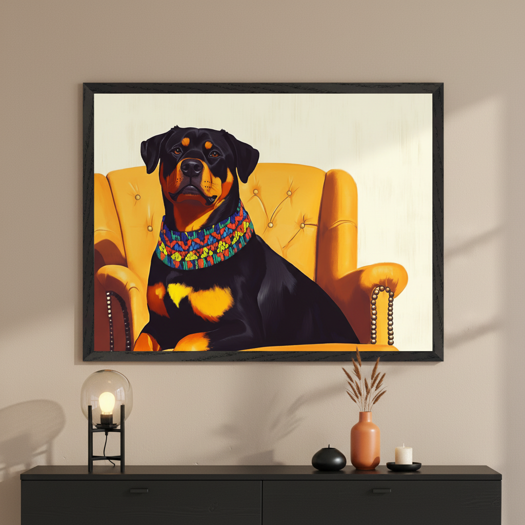Modern living room with a dark dresser. A large framed illustration of a Rottweiler wearing a colorful collar, sitting in a yellow armchair, hangs above the dresser. A modern lamp, vase with reeds, and a candle are placed on the dresser.
