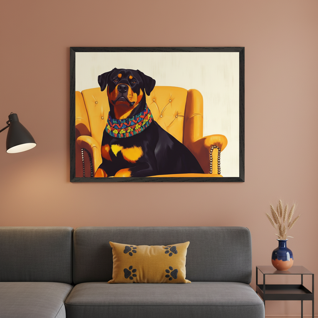 Modern living room with a dark grey sectional sofa and a black side table. A large framed painting of a black and tan Rottweiler in a bright orange armchair, wearing a colorful patterned collar, hangs centered above the sofa.