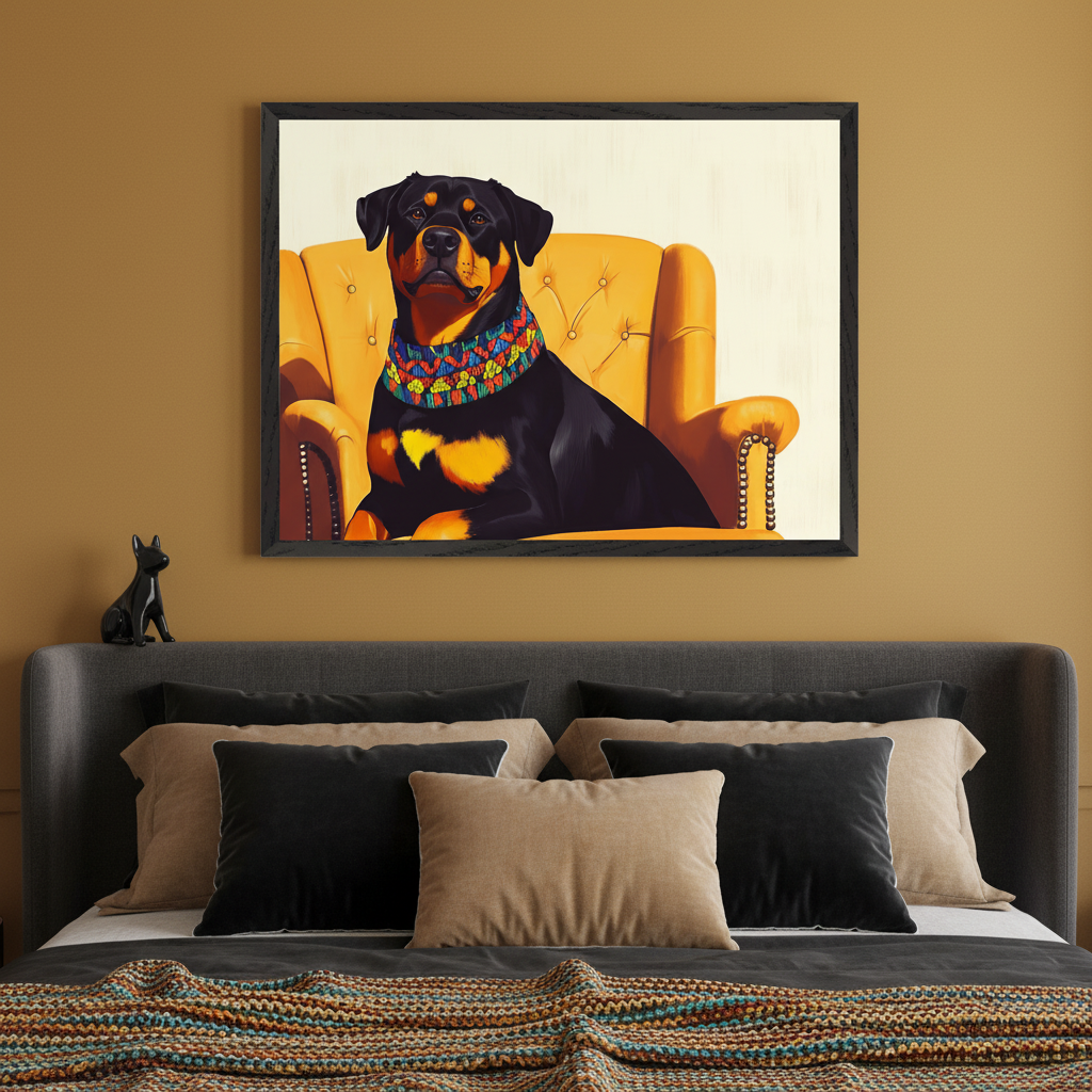 Modern bedroom with a grey upholstered bed. A large framed painting of a black and tan Rottweiler with a colorful patterned collar in a yellow armchair hangs above the bed.