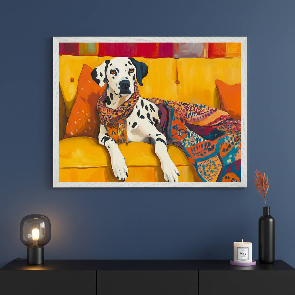 Modern living room with a black console table against a dark blue wall. A large framed painting of a Dalmatian dog in a patterned scarf and colorful blanket on a yellow sofa hangs centered above the table, in a painterly style.