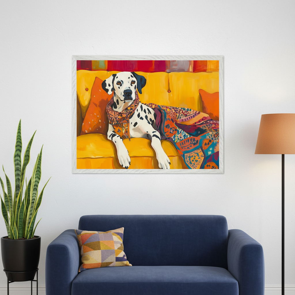 Living room with a navy blue sofa. Above it hangs a large framed painting of a Dalmatian dog wearing a patterned scarf and blanket, lounging on a yellow sofa. The painting is vibrant and colorful. A snake plant and floor lamp are on either side.
