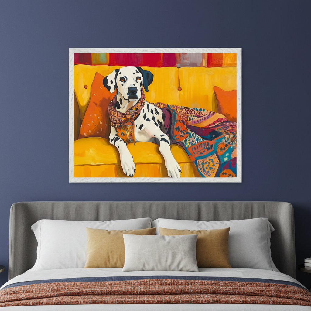 Modern bedroom with a gray upholstered bed. A large framed painterly print of a Dalmatian dog wearing a scarf on a yellow couch with patterned blankets hangs centered above the bed on a dark blue wall.