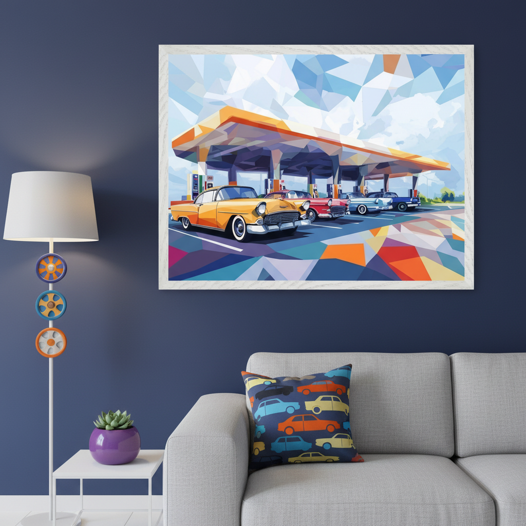 Modern living room with a light gray sofa and white floor lamp against a blue wall. A large, framed geometric art print featuring a gas station with vintage cars hangs above the sofa.