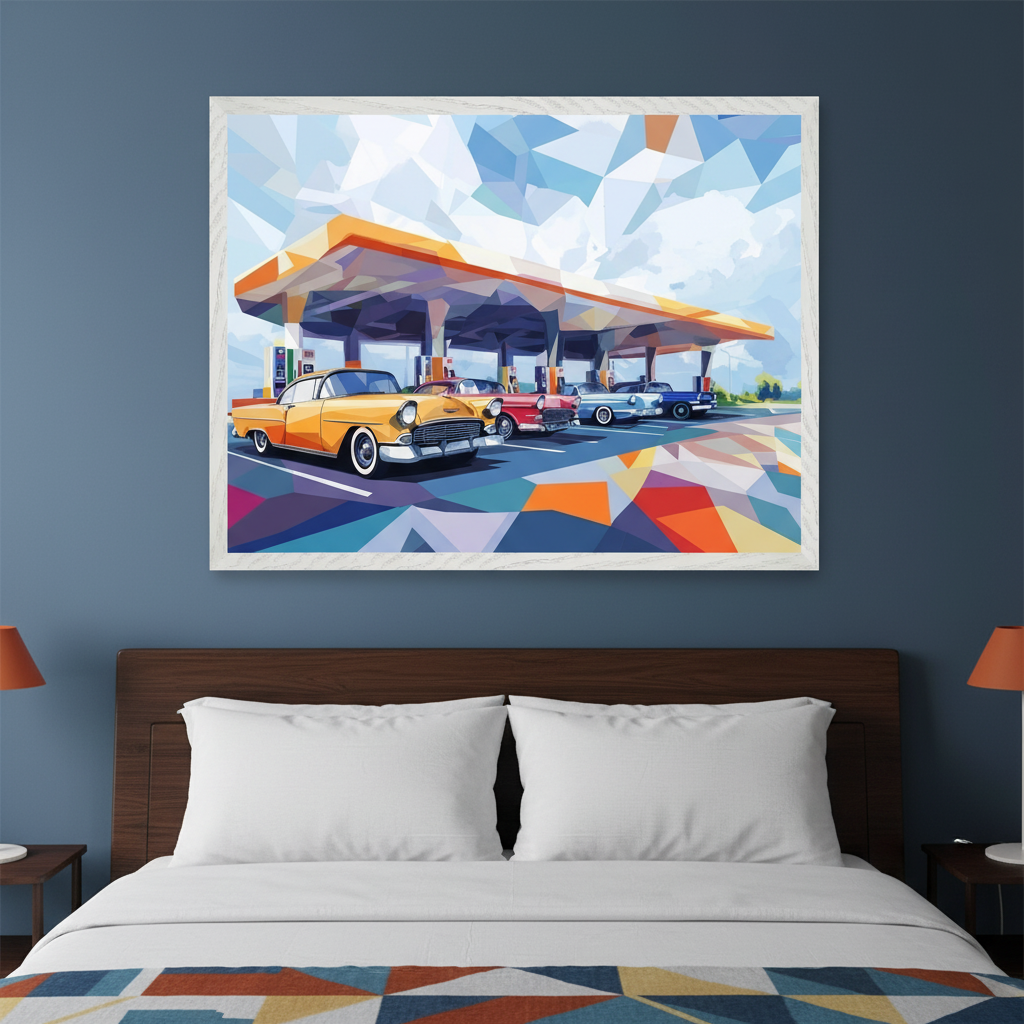 Modern bedroom with a wooden bed and a colorful geometric blanket. A large framed polygonal art print depicting vintage cars at a gas station hangs centered above the bed, featuring vibrant geometric shapes.