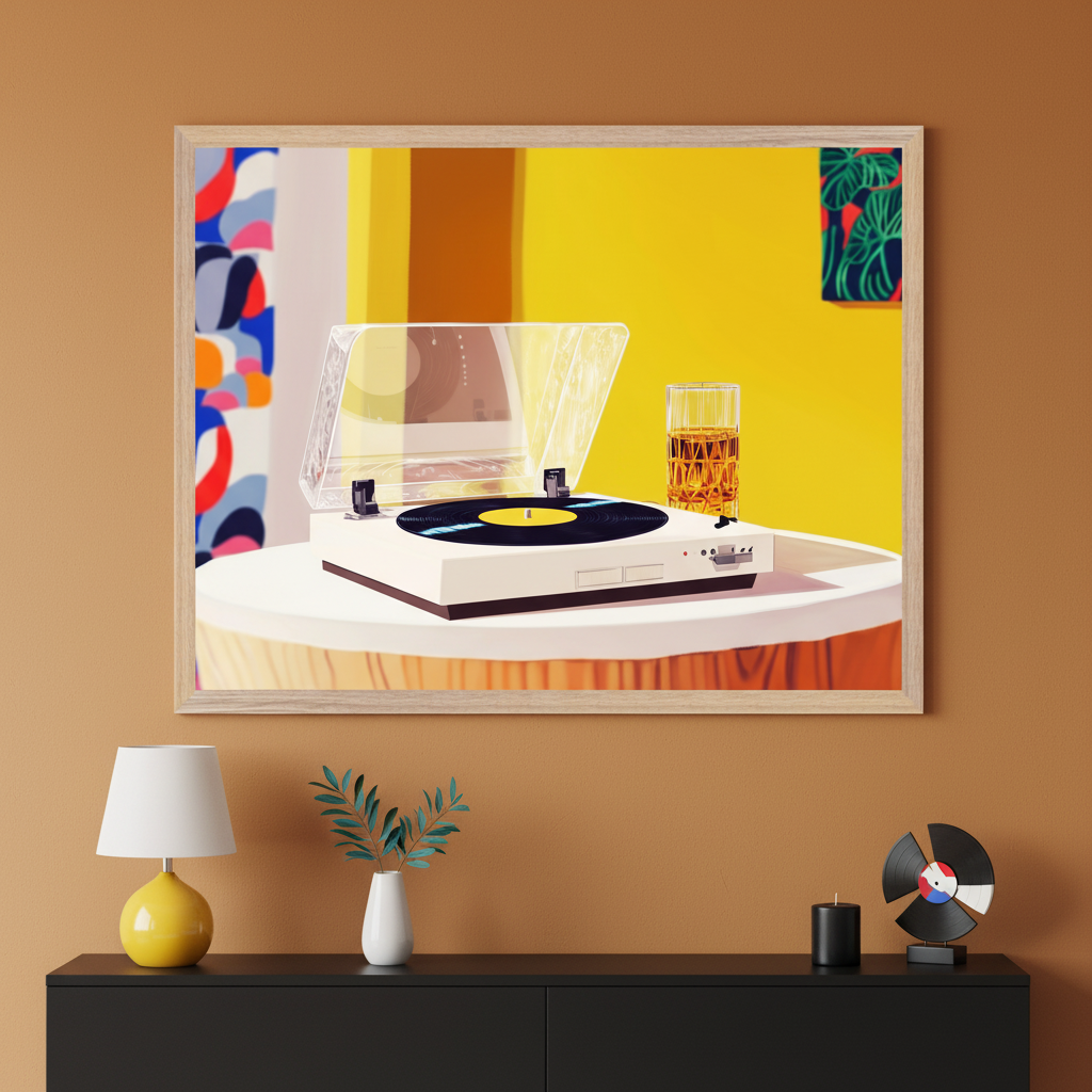 Modern living room with a black console table. A large framed illustration hangs centered above, depicting a white record player with a black vinyl, a glass of amber liquid, and a bright yellow background with abstract patterns.