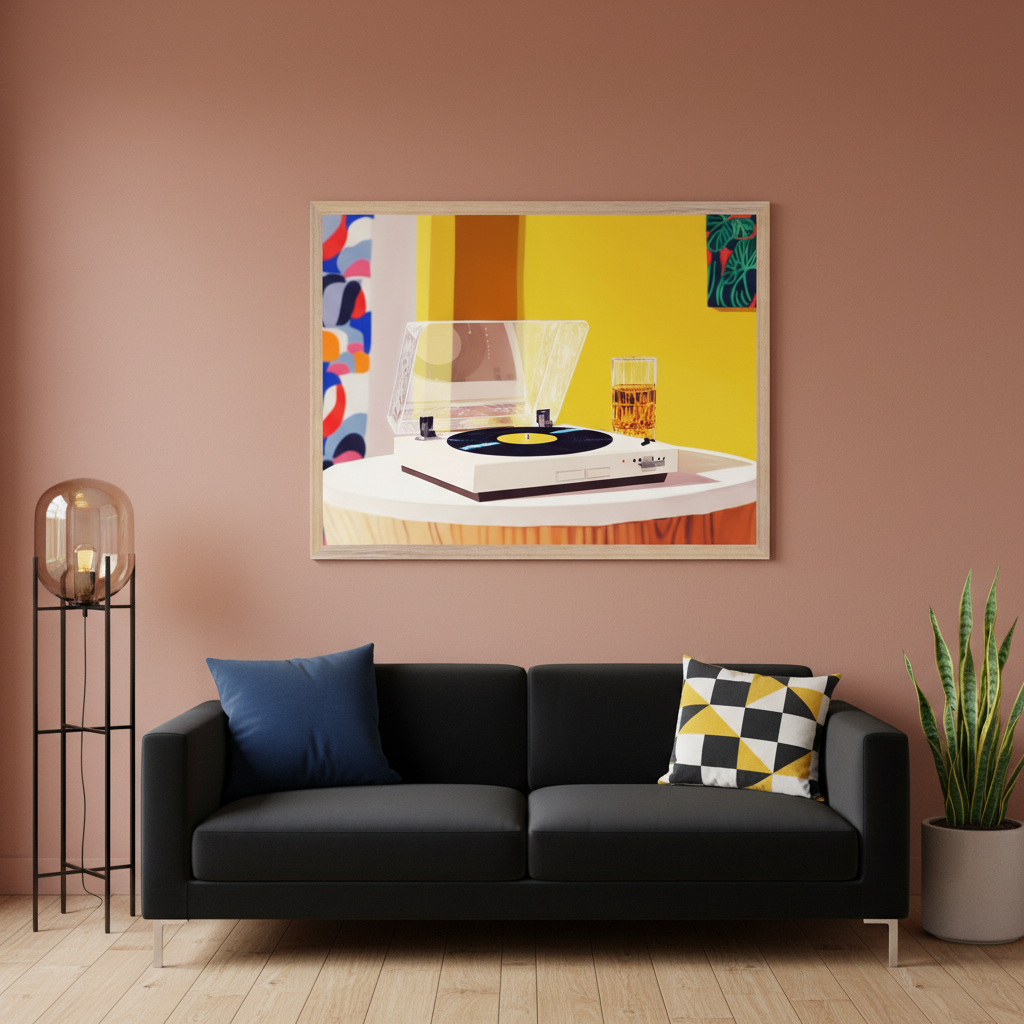 Modern living room with a black sofa. A large framed print centered above the sofa features a modern illustration of a white record player, yellow vinyl, and a glass of amber liquid on a white table against a bright yellow background.