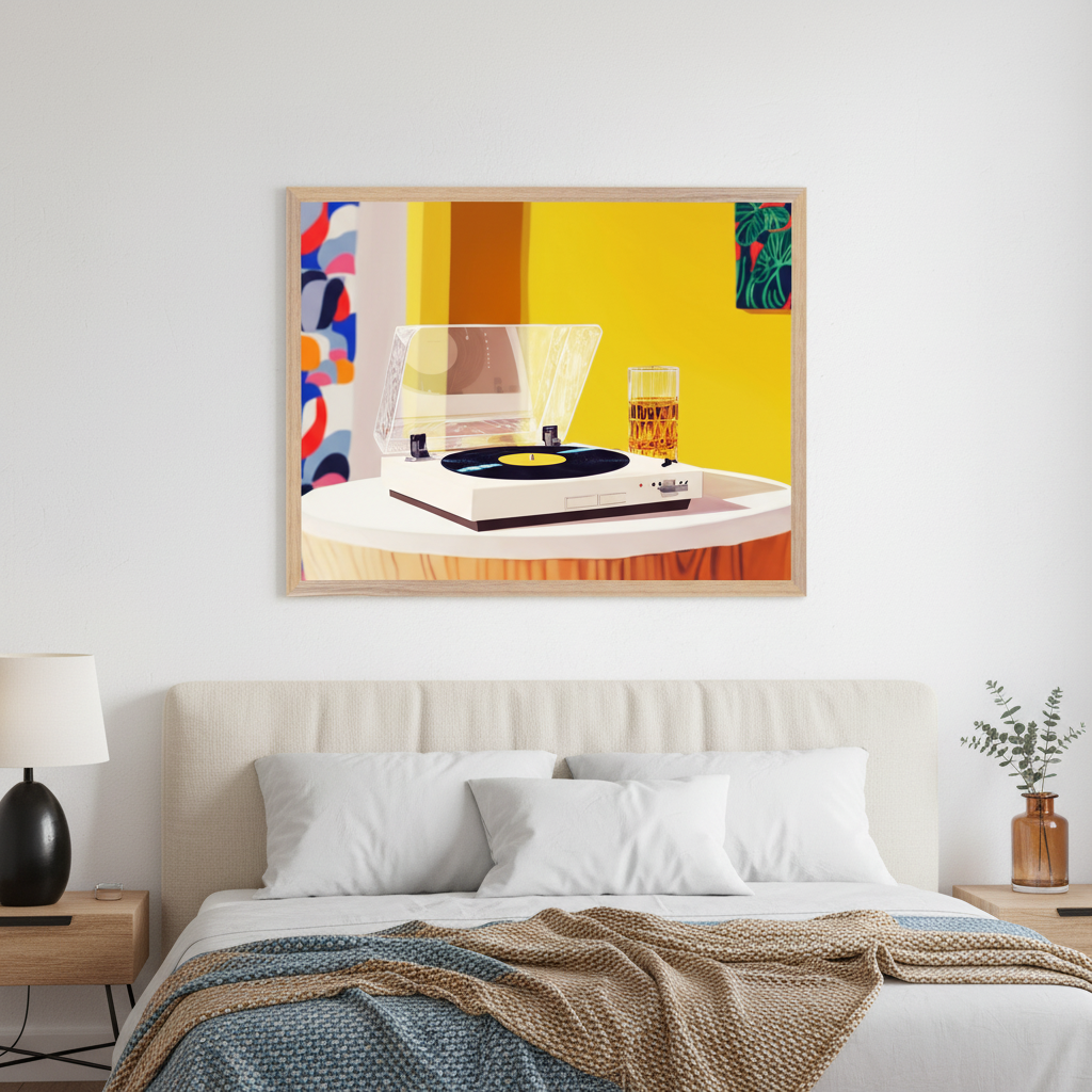 Modern bedroom with a bed and light fabric headboard. A framed graphic illustration of a white record player, yellow vinyl, and a glass of amber liquid on a table against a vibrant yellow and patterned background hangs above the bed.