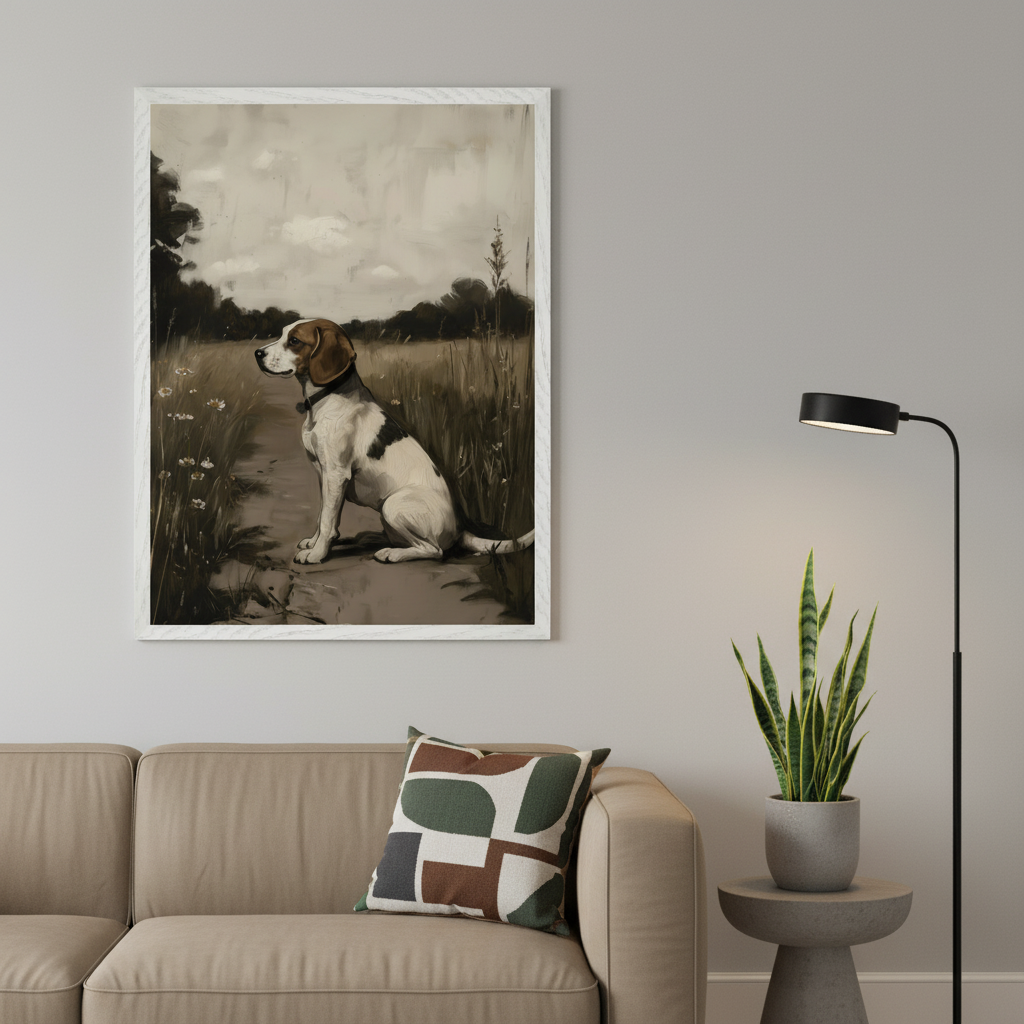 Living room with a beige sofa and a black floor lamp. A large framed painting of a beagle dog sitting on a dirt path in a muted-tone, naturalistic style hangs above the sofa.