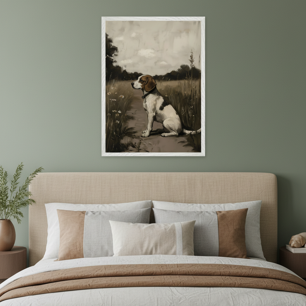 Bedroom with a beige upholstered bed. A framed painting of a tricolor beagle sitting on a path in a grassy field with trees and a cloudy sky hangs centered above the bed.