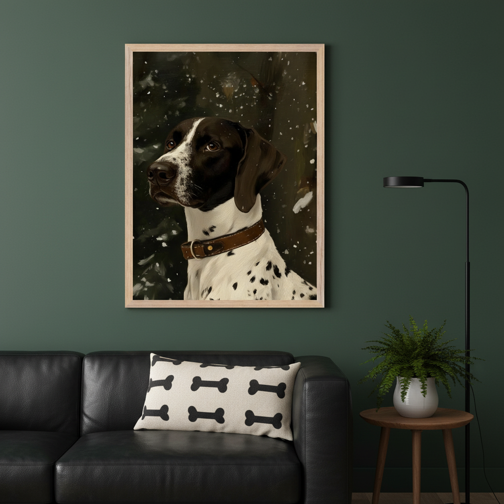 Modern living room with dark green walls. A large framed painting of a black and white Pointer dog with a brown collar, against a snowy dark background, hangs above a black leather sofa. A black floor lamp and a plant on a wooden side table are to the right.
