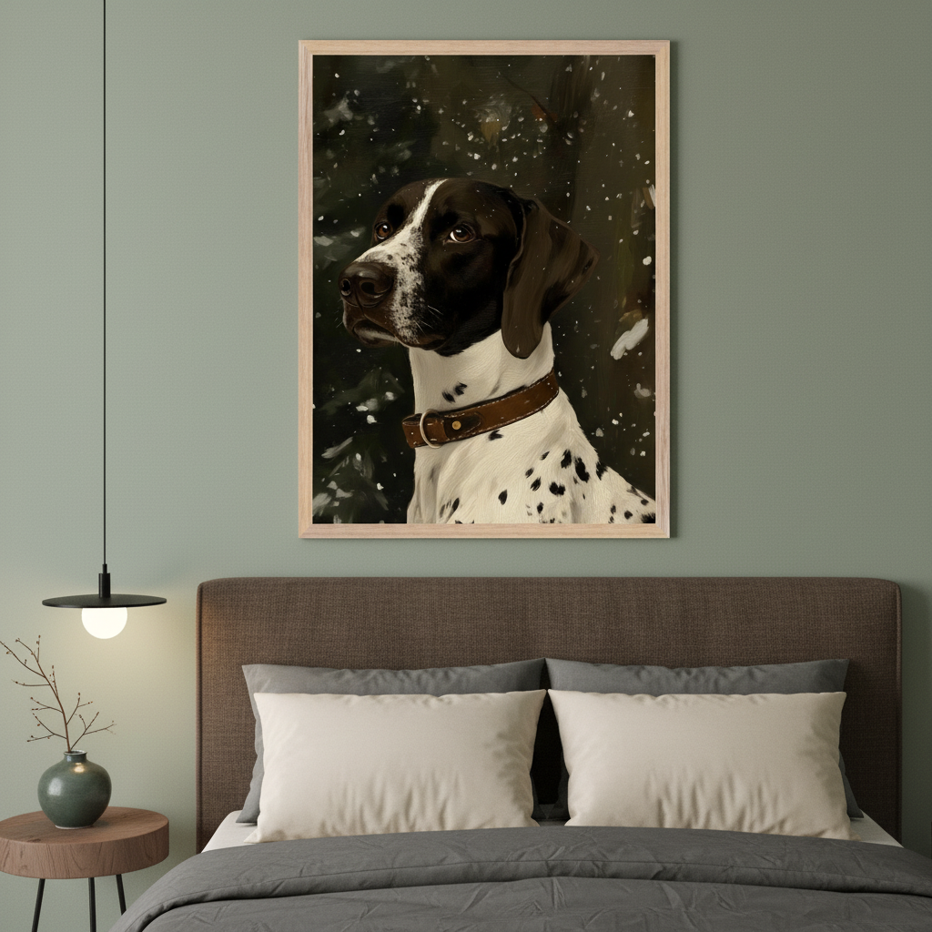 Modern bedroom with an upholstered bed and gray bedding. A framed painting of a black and white Pointer dog wearing a brown collar in a snowy forest hangs centered above the bed.