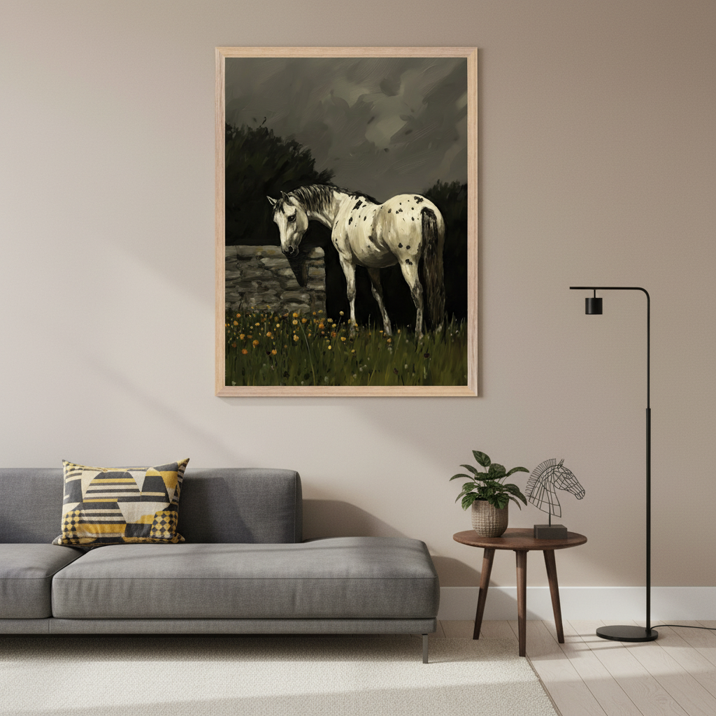 Modern living room with a grey sectional sofa. A large framed painting of a white horse with dark spots in a field of yellow flowers by a stone wall, under a dark sky, hangs on the wall above a small round side table.