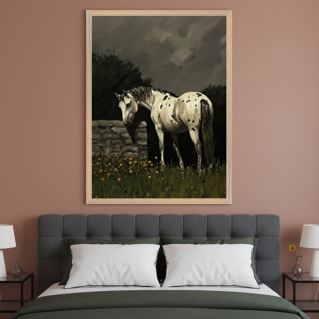 Modern bedroom with a gray upholstered bed and two nightstands. A large framed painterly print of a white spotted horse in a field with yellow flowers under a dark sky hangs centered above the bed.