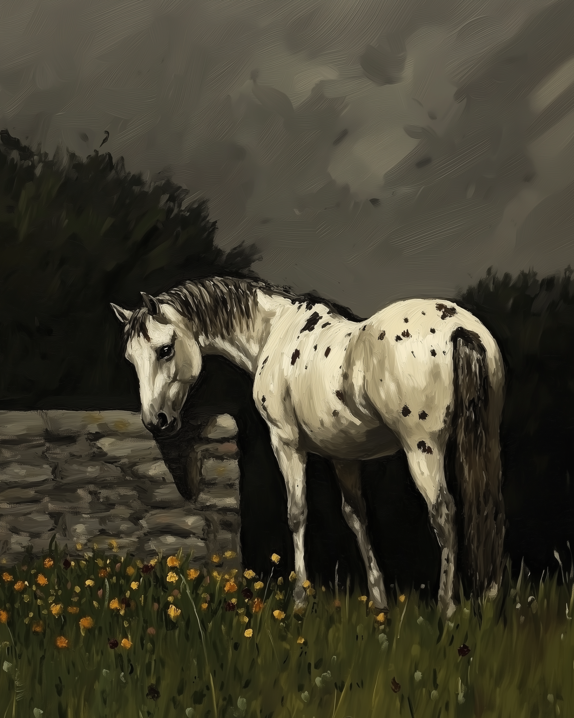 A white horse with dark spots stands beside a stone wall in a grassy field filled with yellow and orange flowers.