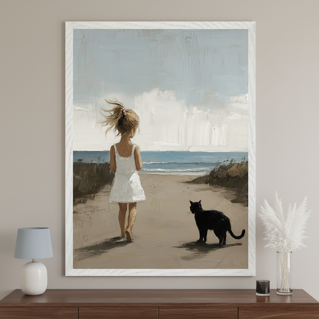 Modern room with a dark wood dresser. A large framed palette knife style painting of a little girl in a white dress and a black cat walking on a beach towards the ocean hangs centered above the dresser. A lamp and pampas grass decorate the dresser.