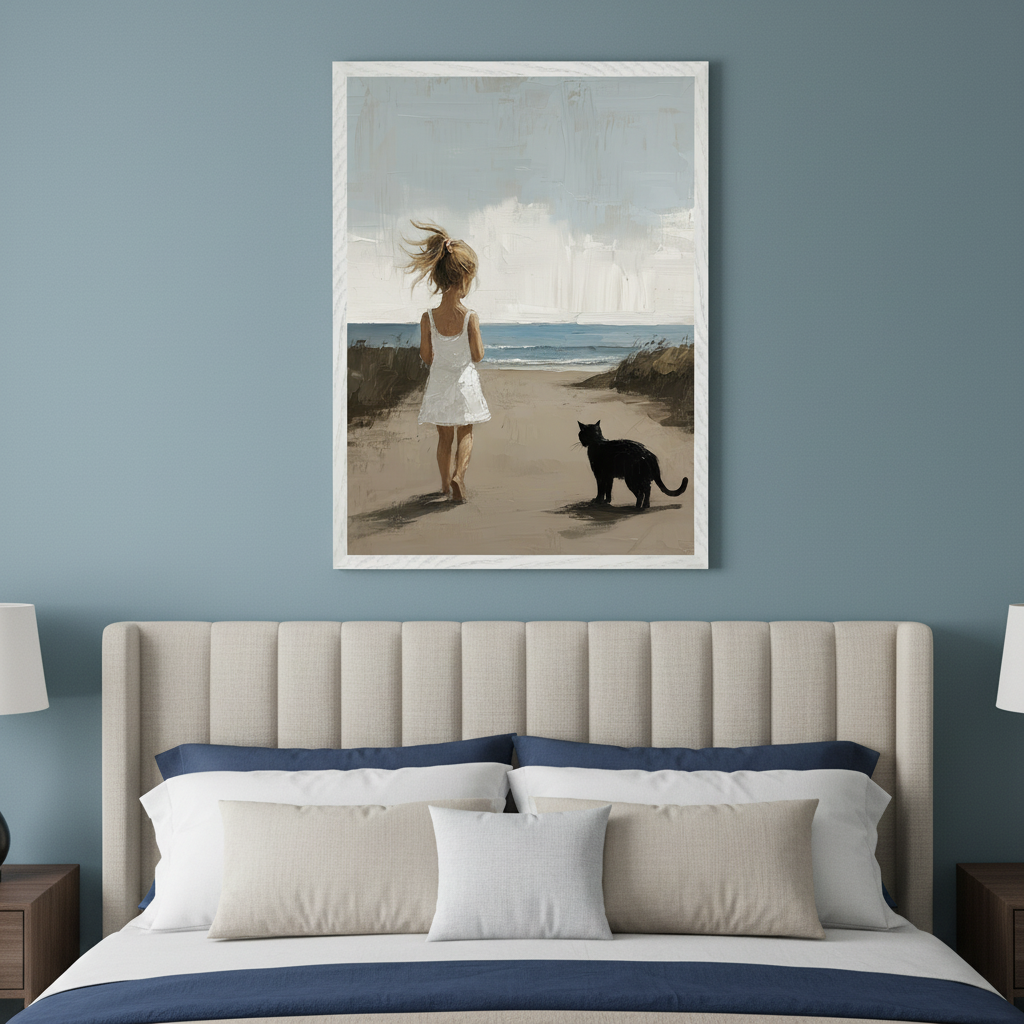 Modern bedroom with a beige upholstered bed. A large framed painting hangs centered above the bed, depicting a young girl in a white dress walking on a sandy beach next to a black cat, in a painterly style.
