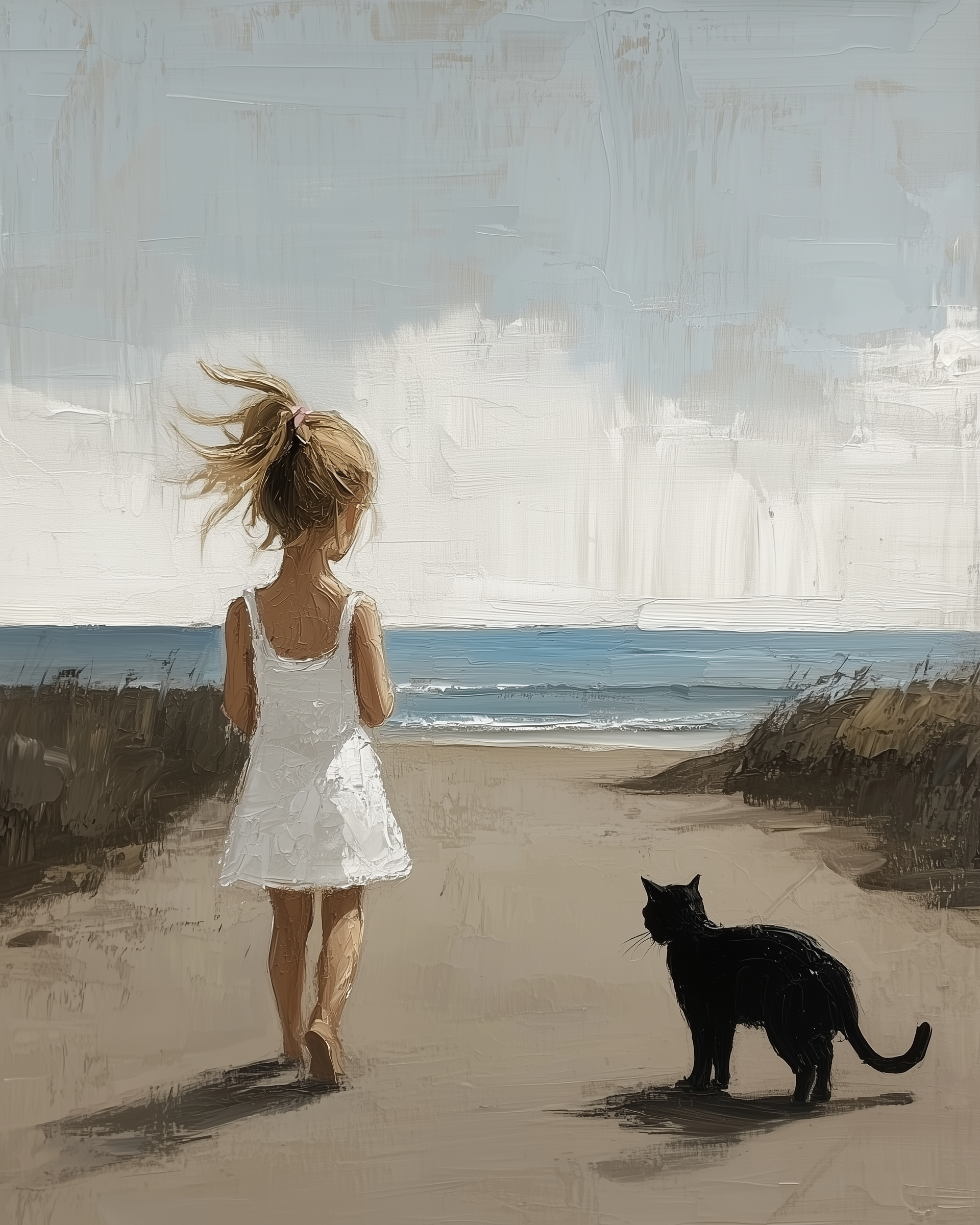 A little girl in a white dress walks barefoot toward the ocean with a black cat following close behind.
