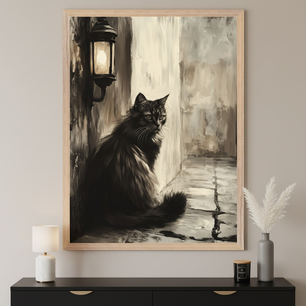 Modern room with a black dresser. A large framed painting of a black fluffy cat sitting under a lit lantern in a dark alleyway hangs centered above the dresser. The painting has a painterly, atmospheric style.