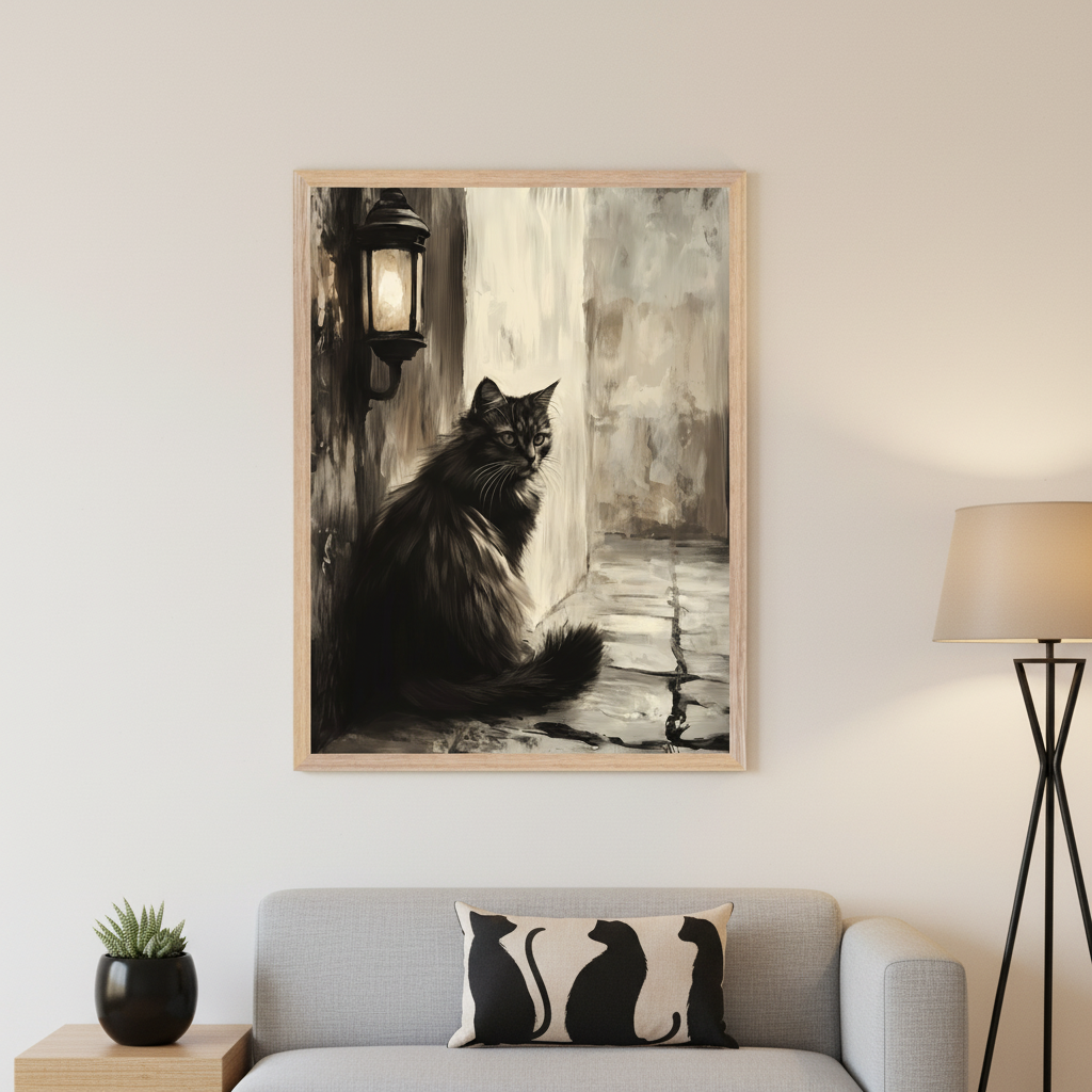 Modern living room with a gray sofa and a cat-themed pillow. A large framed painting of a black cat under a lit lantern on a cobbled path, in a muted illustrative style, hangs above the sofa. A floor lamp is on the right.