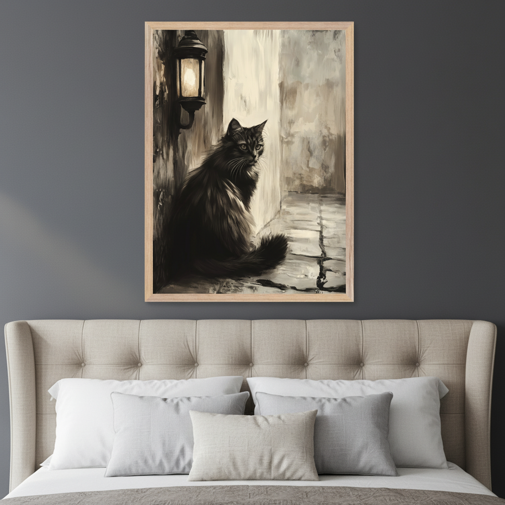 Bedroom with a beige tufted headboard and pillows. A framed painting of a black cat under a lit street lamp on a cobbled path, in a dark, painterly style, hangs centered above the bed.
